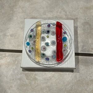BRAND NEW Beautiful glass ring dish with red and orange  accent